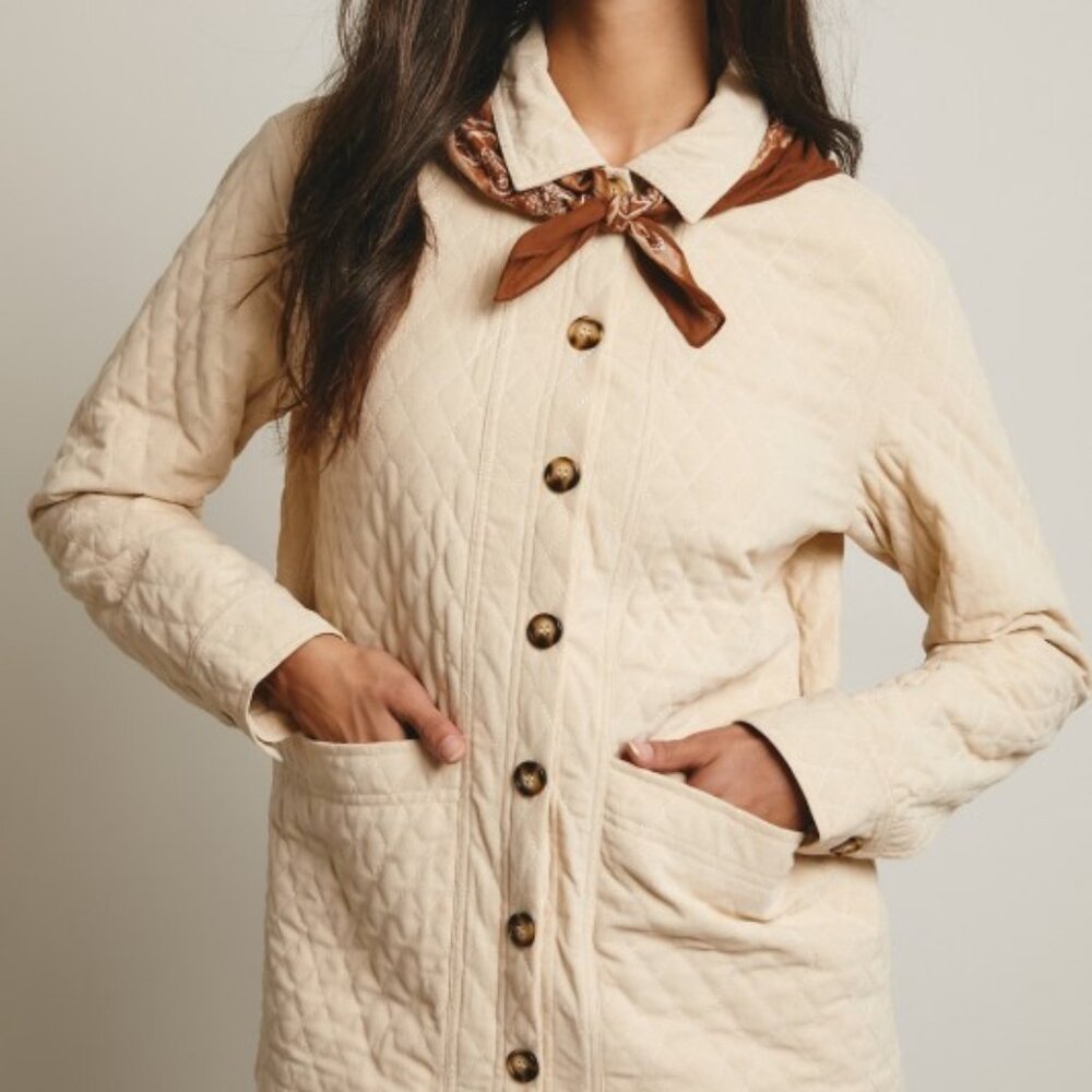 Diamond Quilted Corduroy Button-Up Jacket in Ecru - Picture 1 of 16